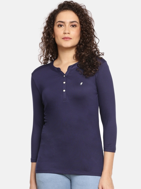 

Feather Soft Elite Women Navy Blue Solid Henley Neck T-shirt