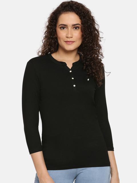

Feather Soft Elite Women Black Solid Henley Neck T-shirt