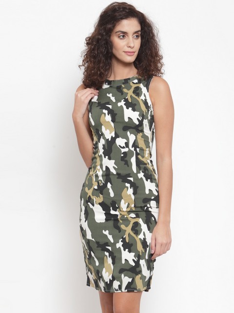 

Purplicious Women Olive Green & White Camouflage Printed Sheath Dress