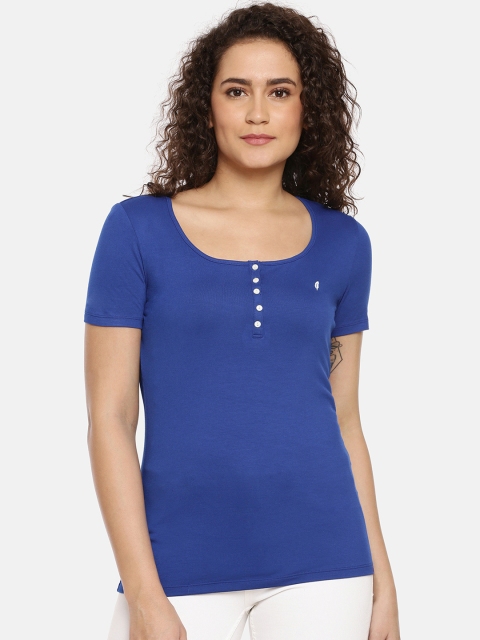 

Feather Soft Elite Women Blue Solid Henley Neck T-shirt