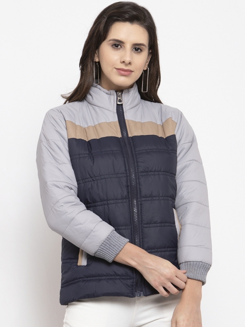 

VOXATI Women Navy Blue & Grey Colourblocked Puffer Jacket