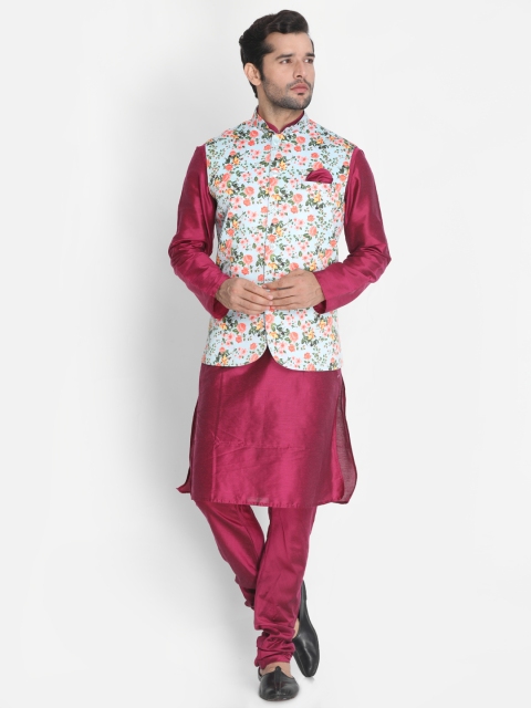 

VASTRAMAY Men Magenta & Blue Printed Kurta with Pyjamas & Nehru Jacket
