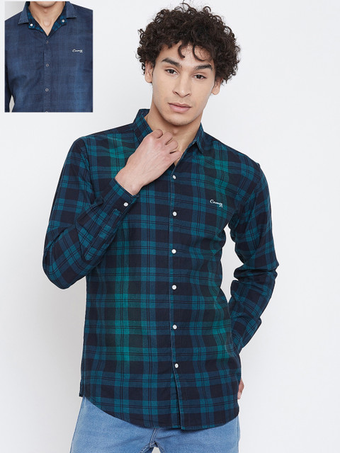 

Camey Men Blue & Green Slim Fit Checked Casual Reversible Shirt