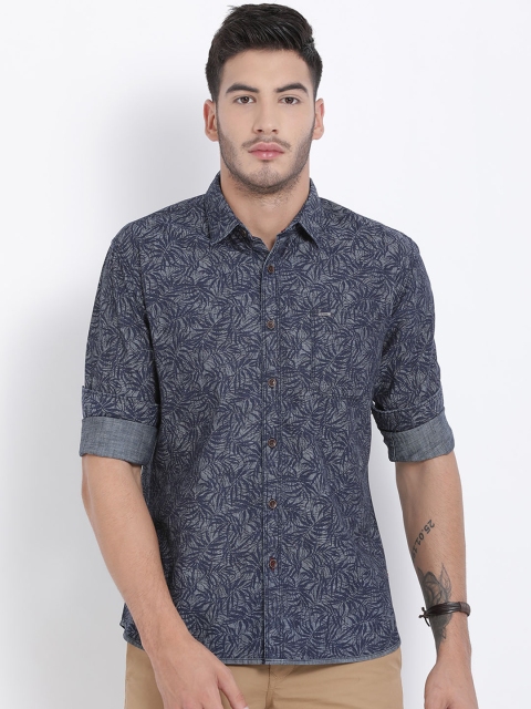 

t-base Men Navy Blue & Beige Regular Fit Printed Casual Shirt