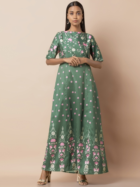 

INDYA Women Green & Off-White Floral Printed Ethnic Maxi Dress