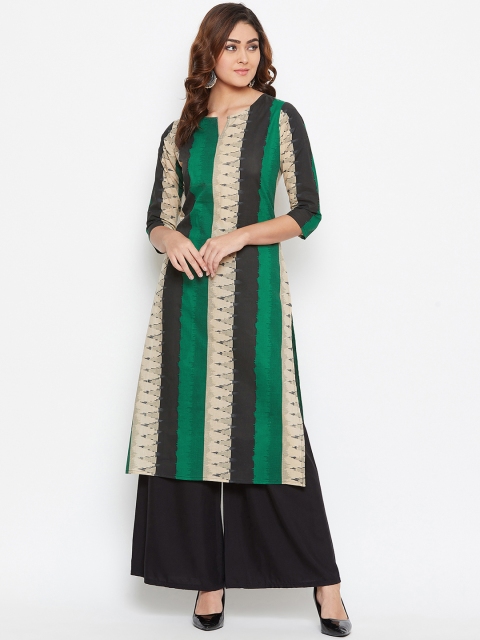 

Prakhya Women Green & Cream-Coloured Colourblocked Straight Kurta