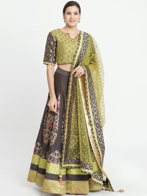 

Koskii Brown & Green Embroidered Ready to Wear Lehenga & Blouse with Dupatta
