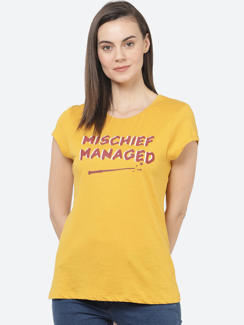 

Free Authority Women Mustard Yellow & Pink Printed Round Neck T-shirt