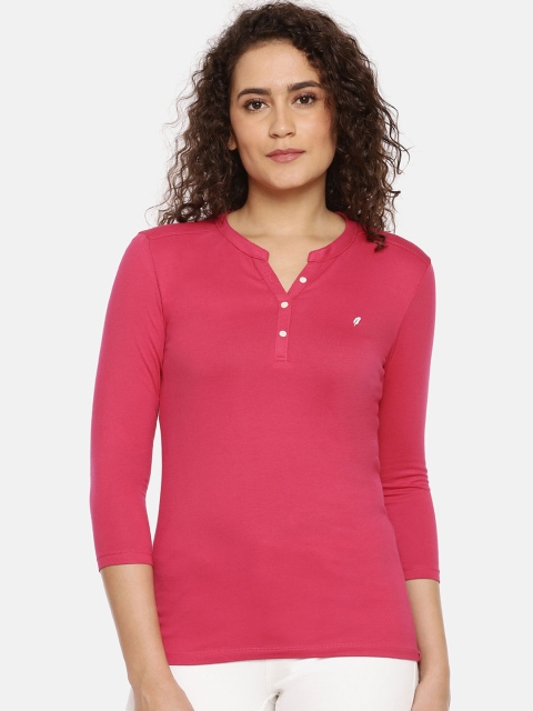 

Feather Soft Elite Women Magenta Solid Henley Neck T-shirt