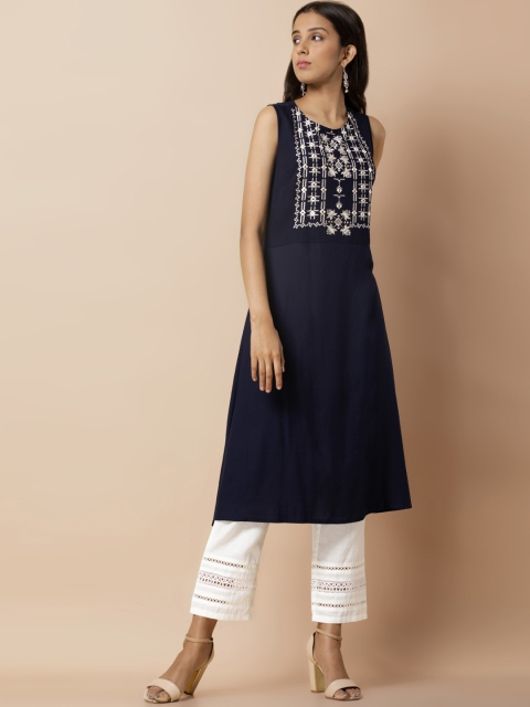 

INDYA Women Navy Blue & Off-White Embroidered A-Line Kurta