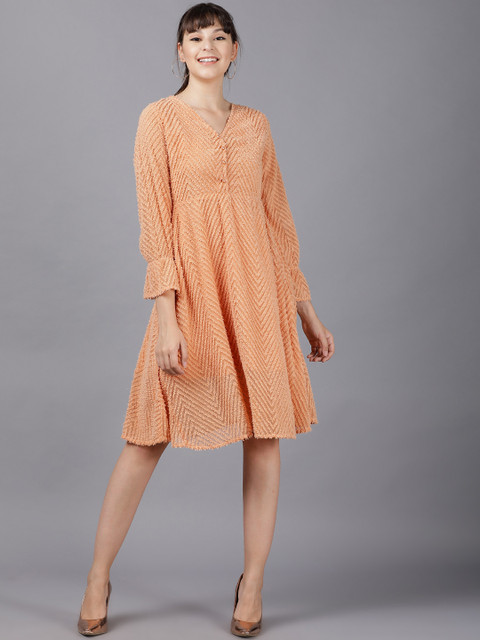 

Tokyo Talkies Women Orange Self Design Fit and Flare Dress
