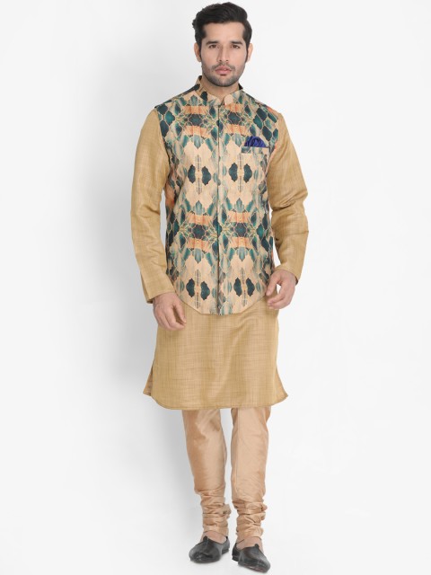 

VASTRAMAY Men Beige & Green Printed Kurta with Pyjamas & Nehru Jacket