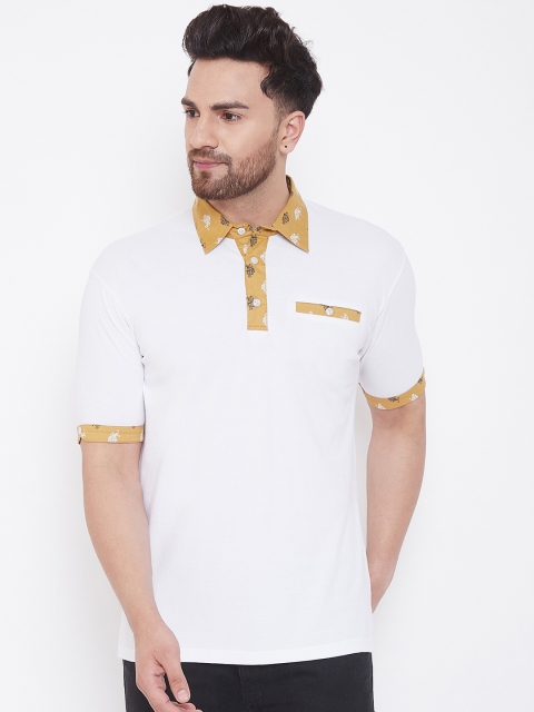 

Hypernation Men White & Yellow Printed Polo Collar Slim Fit T-shirt