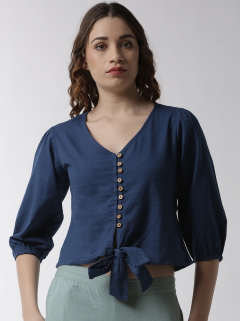 

De Moza Women Blue Solid Shirt Style Crop Top