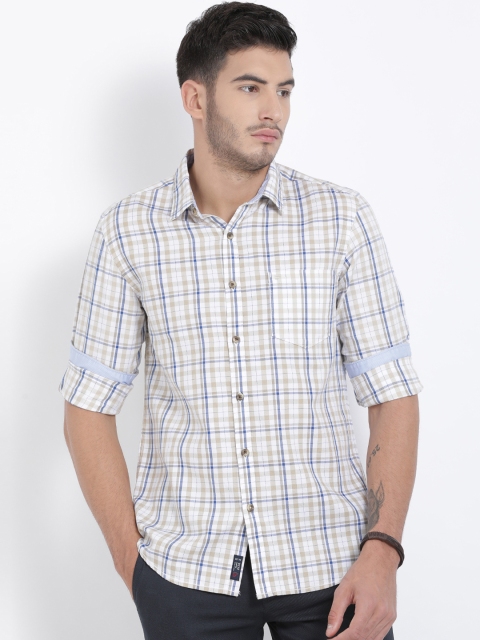 

t-base Men Beige & Blue Regular Fit Checked Casual Shirt