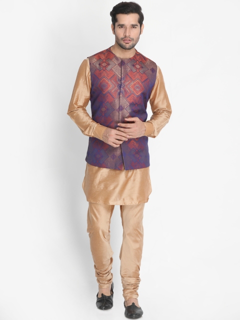 

VASTRAMAY Men Gold-Coloured & Blue Printed Kurta with Pyjamas & Nehru Jacket