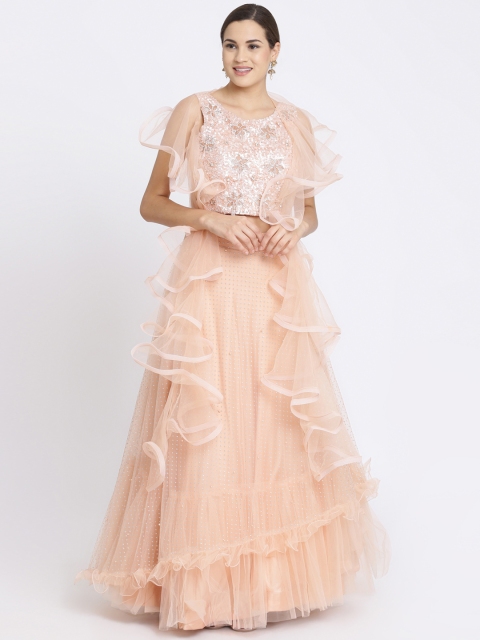 

Koskii Peach-Coloured & Silver-Toned Embellished Ready to Wear Lehenga & Blouse with Dupatta