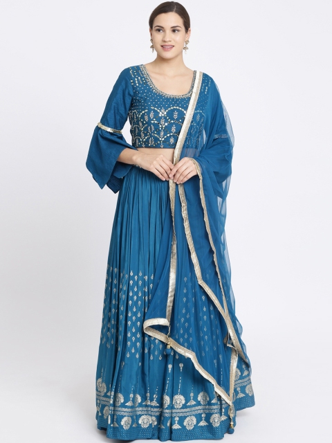 

Koskii Teal Blue Ready to Wear Mirrorwork Lehenga & Blouse with Dupatta