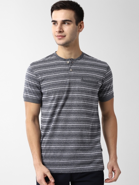 

Peter England Casuals Men Grey & White Striped Henley Neck T-shirt