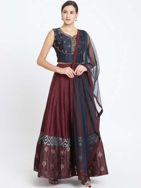 

Koskii Maroon & Navy Blue Embroidered Ready to Wear Lehenga & Blouse with Dupatta