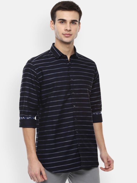 

V Dot Men Navy Blue & Off-White Slim Fit Striped Casual Shirt
