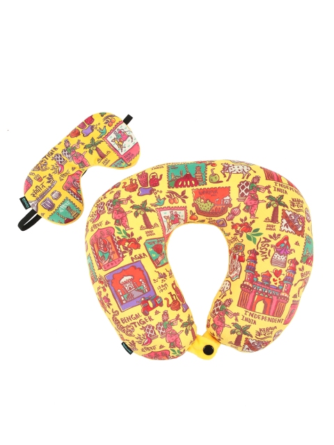 

Chumbak Unisex Yellow & Pink Printed India Stamp Travel Pillow With Eye Mask