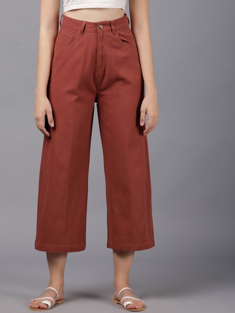 

Tokyo Talkies Women Rust Red Flared Solid Denim Parallel Trousers