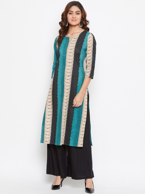 

Prakhya Women Blue & Cream-Coloured Colourblocked Straight Kurta
