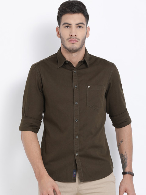 

t-base Men Olive Green Regular Fit Solid Casual Shirt