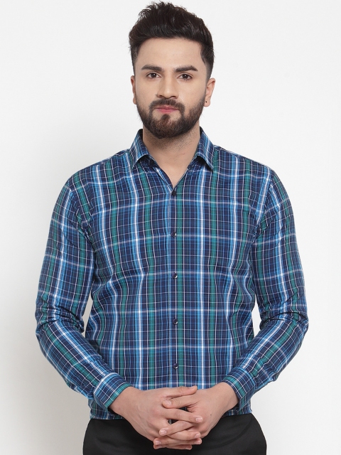 

JAINISH Men Blue & White Regular Fit Checked Formal Shirt