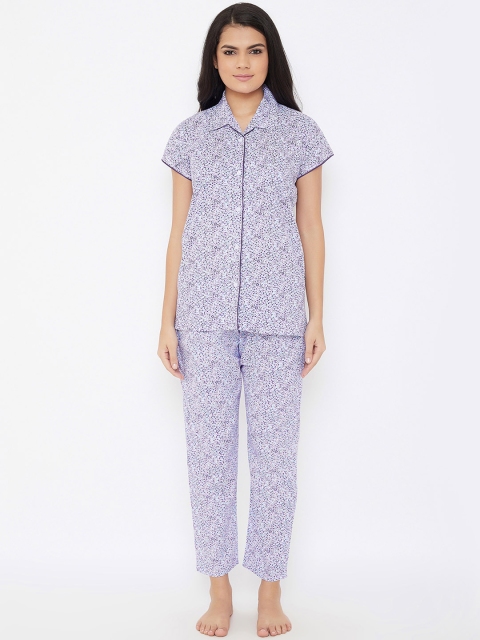 

Clovia Women White & Purple Printed Night suit