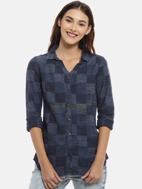 

Campus Sutra Women Navy Blue Classic Regular Fit Checked Casual Shirt