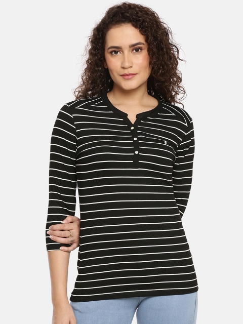 

Feather Soft Elite Women Black Striped Henley Neck T-shirt