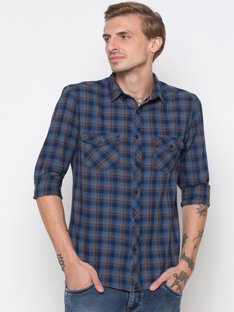 

Globus Men Teal Blue & Yellow Regular Fit Checked Casual Shirt