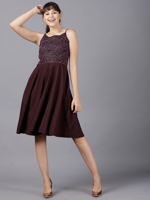 

Tokyo Talkies Women Burgundy Self Design Fit and Flare Dress