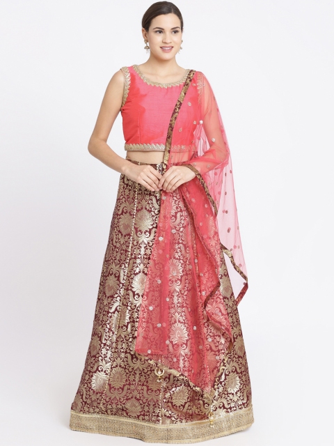 

Koskii Brown & Pink Embroidered Ready to Wear Lehenga & Blouse with Dupatta