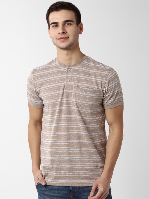 

Peter England Casuals Men Brown & White Striped Henley Neck T-shirt