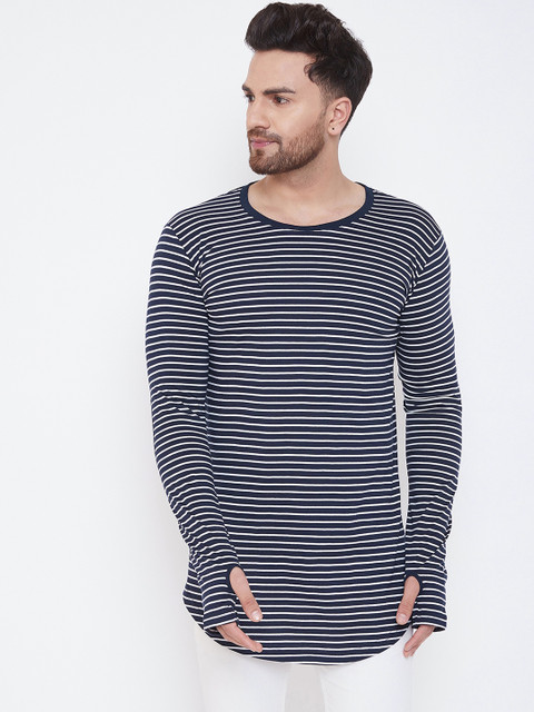 

Hypernation Men Navy Blue & White Striped Round Neck Slim Fit T-shirt
