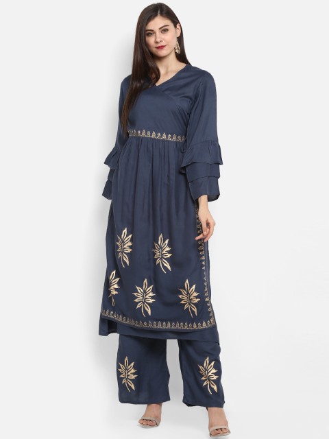 

Fashion String Women Navy Blue & Gold-Coloured Printed Kurti with Palazzos
