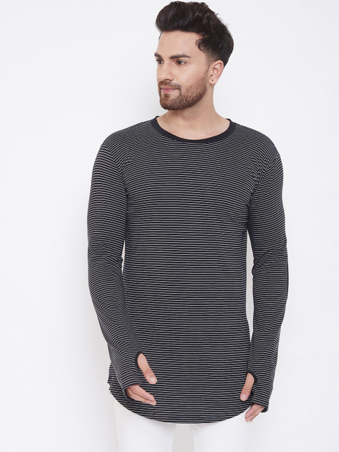 

Hypernation Men Black & White Striped Round Neck Slim Fit T-shirt