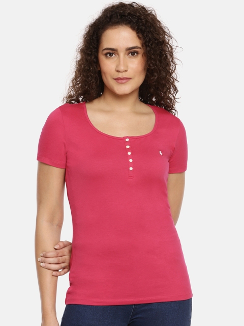 

Feather Soft Elite Women Magenta Solid Henley Neck T-shirt