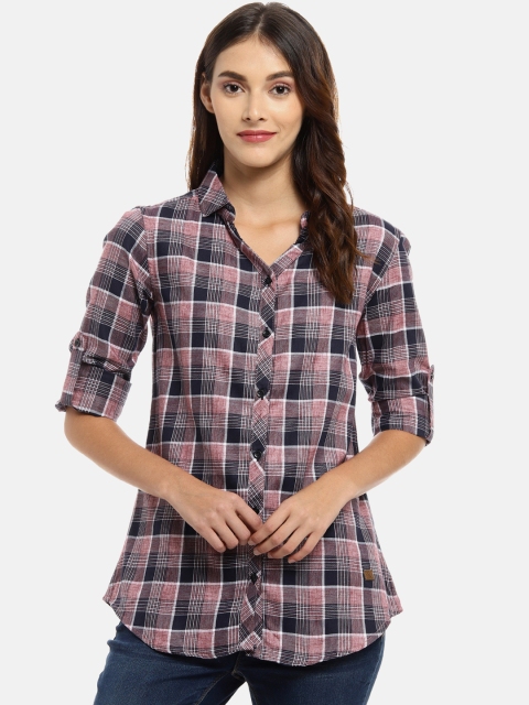 

Campus Sutra Women Brown & Navy Blue Regular Fit Checked Casual Shirt