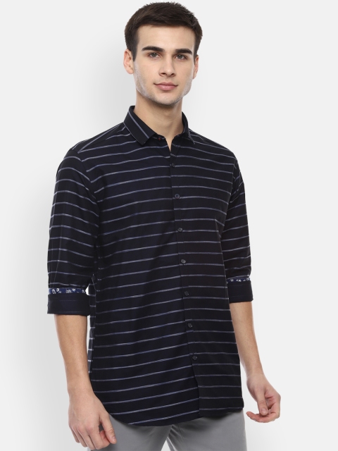 

V Dot Men Navy Blue & Off-White Slim Fit Striped Casual Shirt