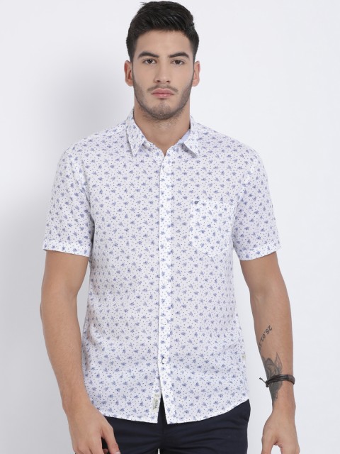 

t-base Men White & Blue Regular Fit Printed Casual Shirt