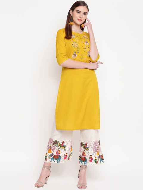 

Kvsfab Women Yellow & Off-White Embroidered Kurta with Palazzos