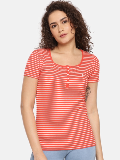 

Feather Soft Elite Women Red Striped Henley Neck T-shirt