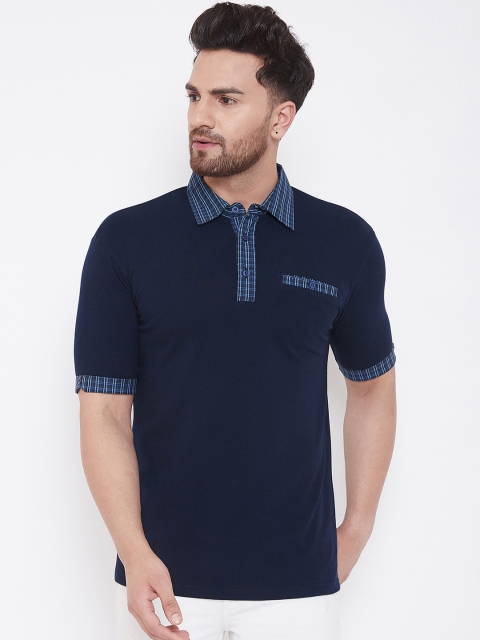 

Hypernation Men Navy Blue Solid Polo Collar Slim Fit Pure Cotton T-shirt