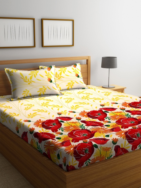 

ROMEE Beige & Yellow Floral 144 TC Cotton 1 Queen Bedsheet with 2 Pillow Covers