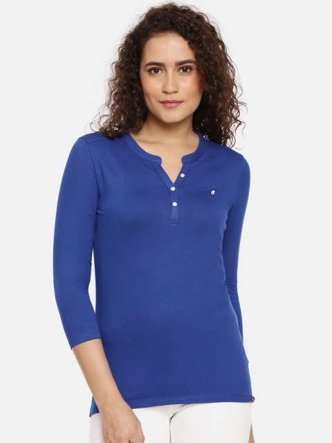 

Feather Soft Elite Women Blue Solid Henley Neck T-shirt