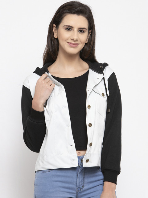 

VOXATI Women Off-White & Black Colourblocked Hooded Denim Jacket